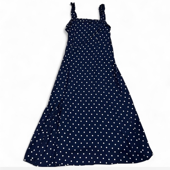 Francesca's NWT Navy Blue White Polka Dot Midi Dress Sexy Front Slit - Picture 2 of 10